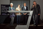 Foto v.l.n.r.: Vzbgm. Lisa Rücker, Stadträtin Sonja Grabner, LR Christian Buchmann, CIS-GF Ebehard Schrempf © Creative Industries Styria