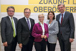 v.l.: Christopher Drexler (Wisenschaftslandesrat Steiermark), Christian Buchmann (Wirtschaftslandesrat Steiermark), Doris Hummer (Wissenschaftslandesrätin OÖ), Henrietta Egerth (GF FFG), Michael Strugl (Wirtschaftslandesrat OÖ).