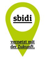 Das Logo ist ein auf die Spitze gestellter Tropfen in apfelgrün, darin steht der Name "sbidi" und darunter auf Höhe des Spitzes steht "vernetzt mit der Zukunft".